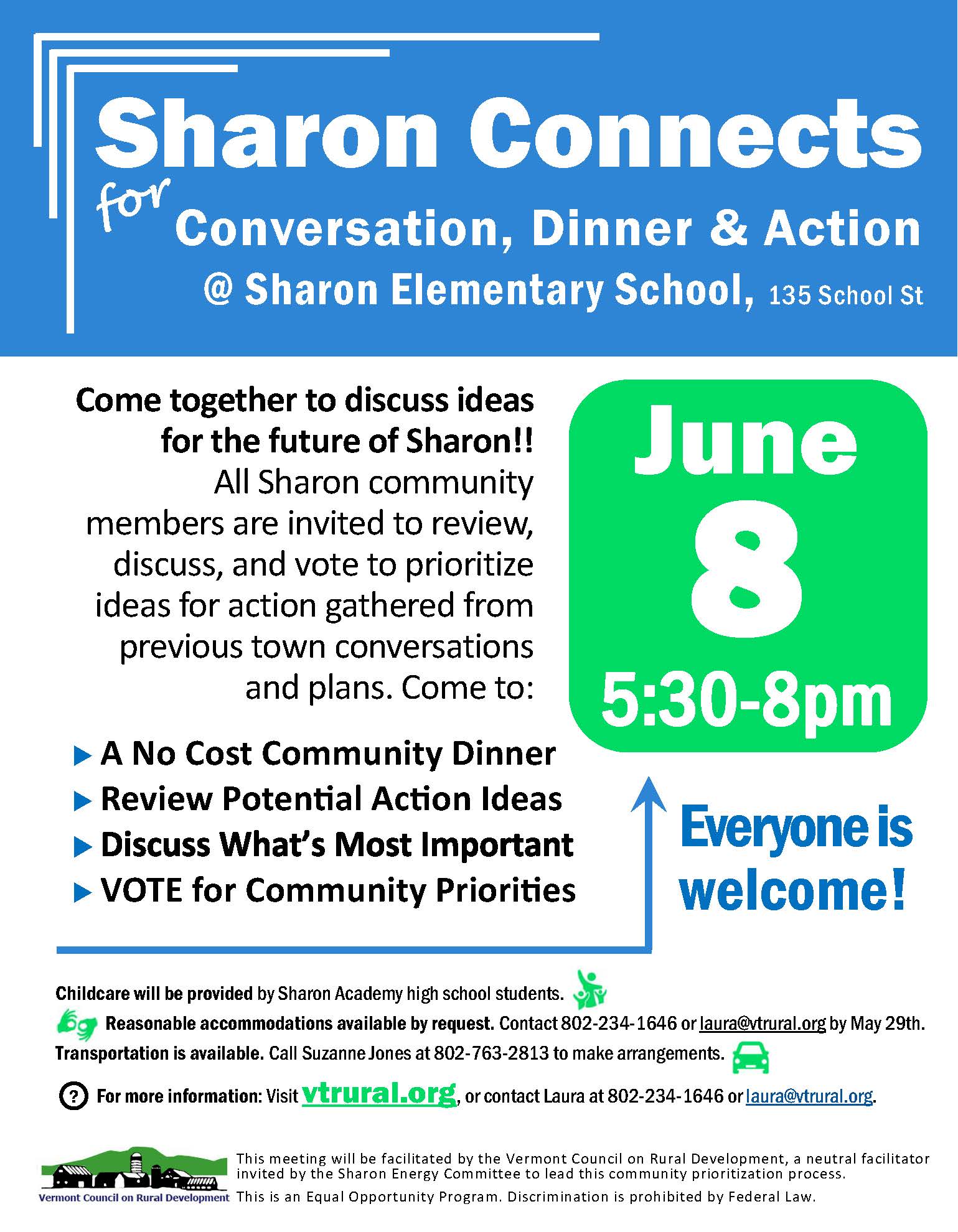 Sharon Connects for conversation, dinner, & action on June 8, 2023 from 5:30-8pm at the Sharon Elementary School