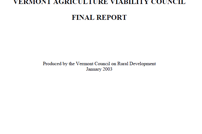 Vermont Agriculture Viability Council Report 2003 Vermont Agriculture Viability Council Report 2003